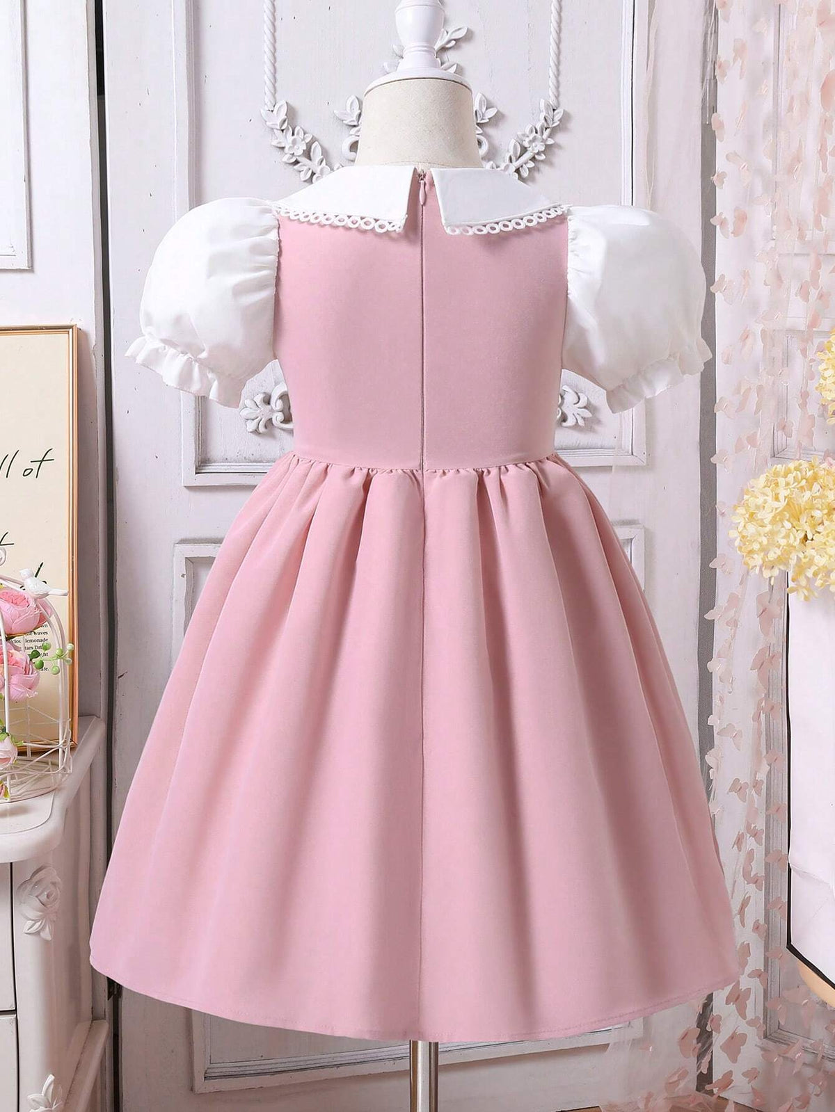 Young Girl' Elegant Princess Academy Style Contrast Trim Embroidered Peter Pan Collar Puff Sleeve 2 In 1 High-Low Dress