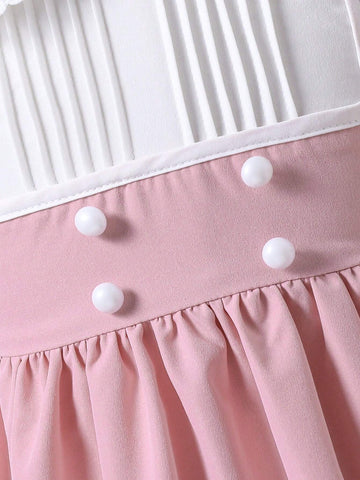 Young Girl' Elegant Princess Academy Style Contrast Trim Embroidered Peter Pan Collar Puff Sleeve 2 In 1 High-Low Dress