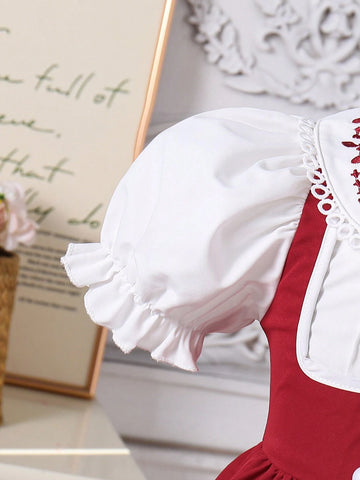 Young Girl Elegant Princess Collared Embroidered Contrast Trim Puff Sleeve Patchwork A-Line Midi Dress