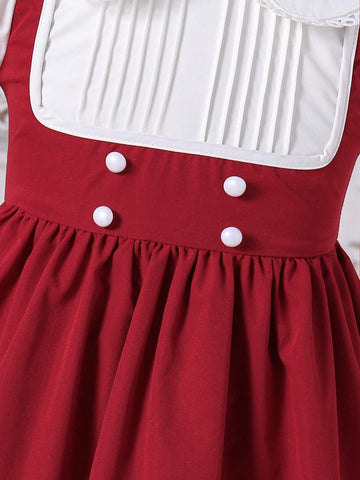 Young Girl Elegant Princess Collared Embroidered Contrast Trim Puff Sleeve Patchwork A-Line Midi Dress