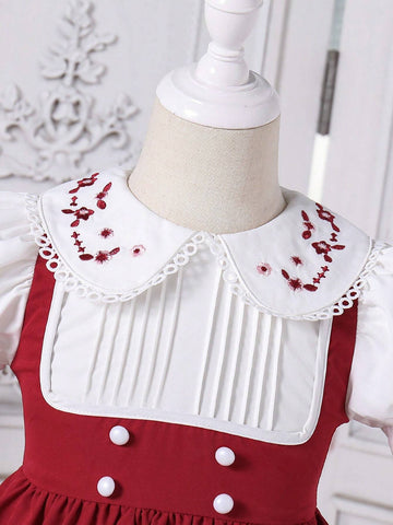 Young Girl Elegant Princess Collared Embroidered Contrast Trim Puff Sleeve Patchwork A-Line Midi Dress