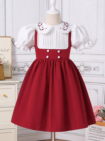Young Girl Elegant Princess Collared Embroidered Contrast Trim Puff Sleeve Patchwork A-Line Midi Dress