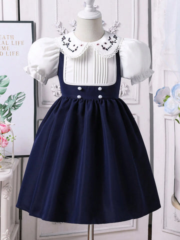 Young Girl Elegant Princess Style Two-Piece Puff Sleeve Dress