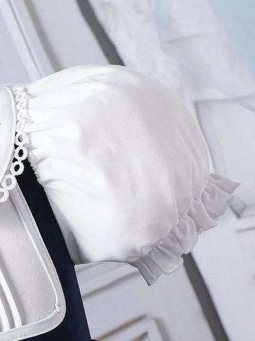 Young Girl Elegant Princess Style Two-Piece Puff Sleeve Dress