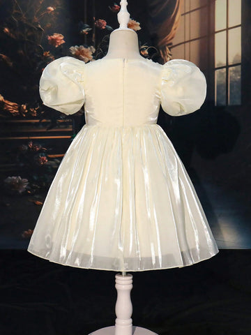 Young Girl Elegant Solid Color Puff Sleeve Beaded Decor Dress