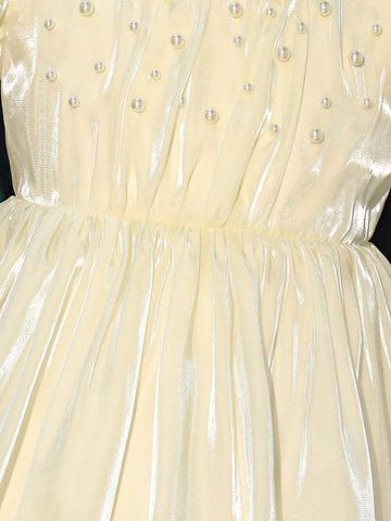 Young Girl Elegant Solid Color Puff Sleeve Beaded Decor Dress