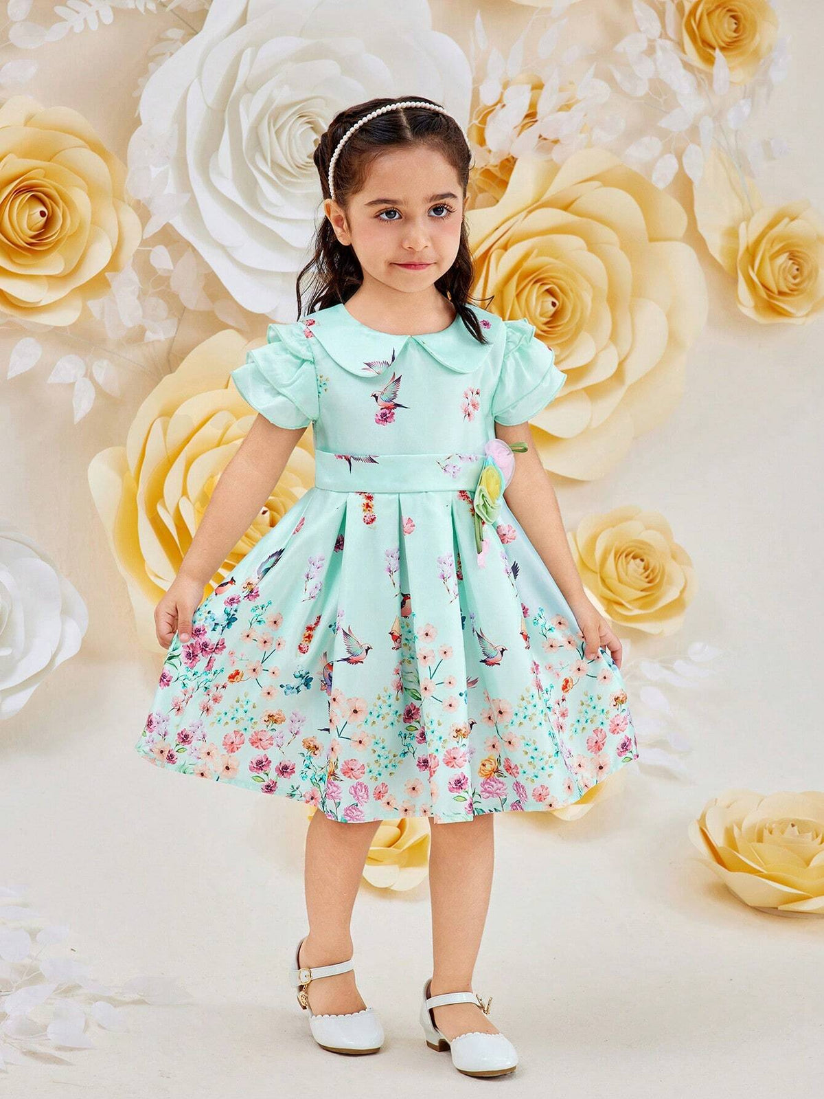 Young Girl Elegant Stitching Chiffon Dress With Pleated Hem And Cap Sleeves, Summer