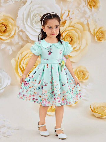 Young Girl Elegant Stitching Chiffon Dress With Pleated Hem And Cap Sleeves, Summer
