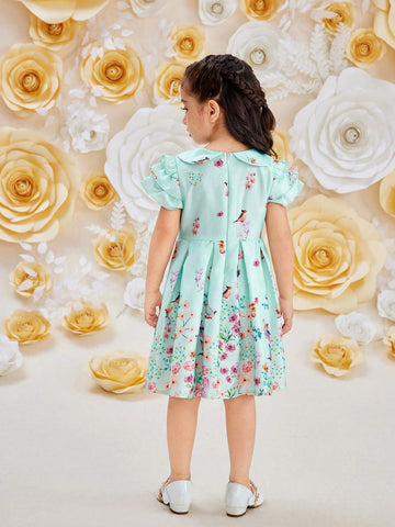 Young Girl Elegant Stitching Chiffon Dress With Pleated Hem And Cap Sleeves, Summer