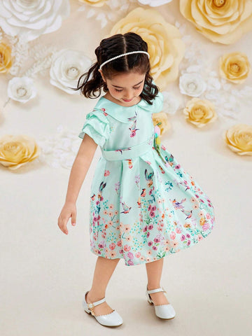 Young Girl Elegant Stitching Chiffon Dress With Pleated Hem And Cap Sleeves, Summer