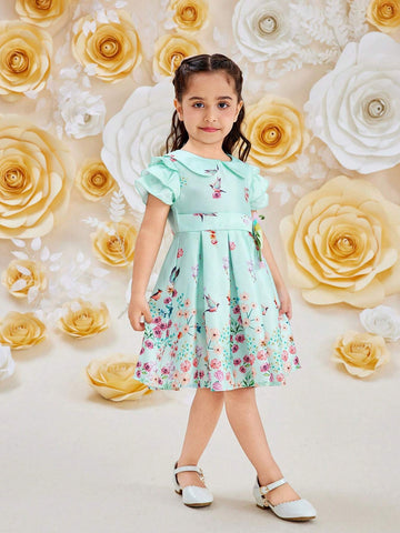 Young Girl Elegant Stitching Chiffon Dress With Pleated Hem And Cap Sleeves, Summer