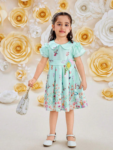 Young Girl Elegant Stitching Chiffon Dress With Pleated Hem And Cap Sleeves, Summer