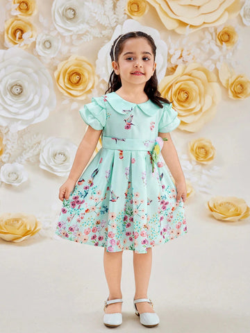 Young Girl Elegant Stitching Chiffon Dress With Pleated Hem And Cap Sleeves, Summer