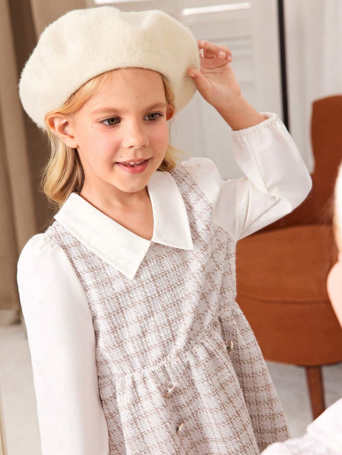 Young Girl Elegant Turndown Collar Drop Shoulder Long Sleeve Cinched Waist A-Line Tweed Fabric Midi Dress, Autumn Winter