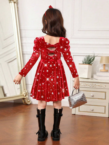 Young Girl Elegant Velvet Dress With Bow Tie Back And Puff Sleeves, Holiday Red
