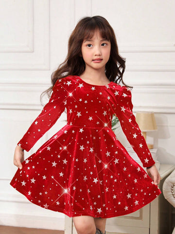 Young Girl Elegant Velvet Dress With Bow Tie Back And Puff Sleeves, Holiday Red