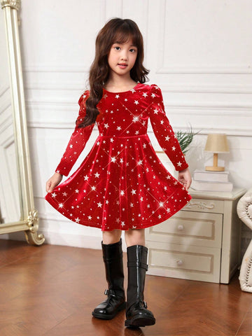Young Girl Elegant Velvet Dress With Bow Tie Back And Puff Sleeves, Holiday Red