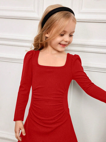 Young Girl Elegant Vintage Square Neck Lantern Long Sleeve A-Line Dress, Black, Gigot Sleeve Long Sleeve Cake Dress