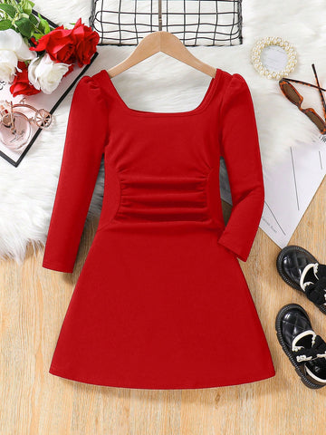 Young Girl Elegant Vintage Square Neck Lantern Long Sleeve A-Line Dress, Black, Gigot Sleeve Long Sleeve Cake Dress
