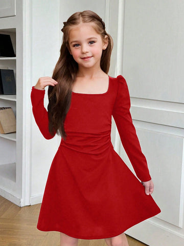 Young Girl Elegant Vintage Square Neck Lantern Long Sleeve A-Line Dress, Black, Gigot Sleeve Long Sleeve Cake Dress