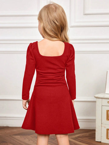 Young Girl Elegant Vintage Square Neck Lantern Long Sleeve A-Line Dress, Black, Gigot Sleeve Long Sleeve Cake Dress