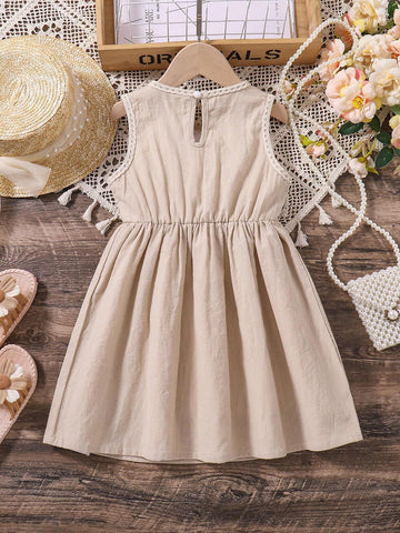 Young Girl Embroidered Collar And Sleeve Cuffs Decorated Lace Edge A-Line Dress For Vocation, Spring/Summer