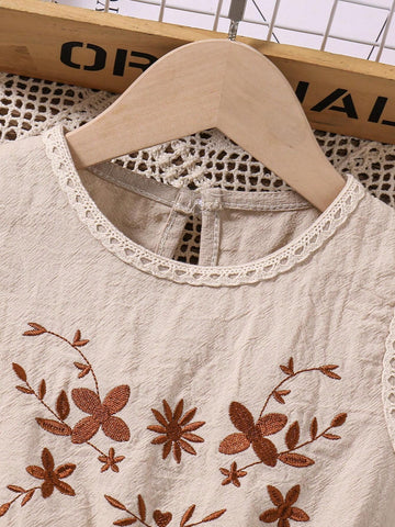 Young Girl Embroidered Collar And Sleeve Cuffs Decorated Lace Edge A-Line Dress For Vocation, Spring/Summer