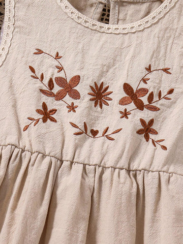 Young Girl Embroidered Collar And Sleeve Cuffs Decorated Lace Edge A-Line Dress For Vocation, Spring/Summer