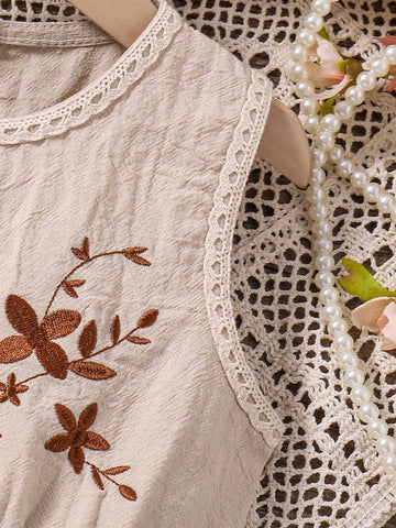 Young Girl Embroidered Collar And Sleeve Cuffs Decorated Lace Edge A-Line Dress For Vocation, Spring/Summer