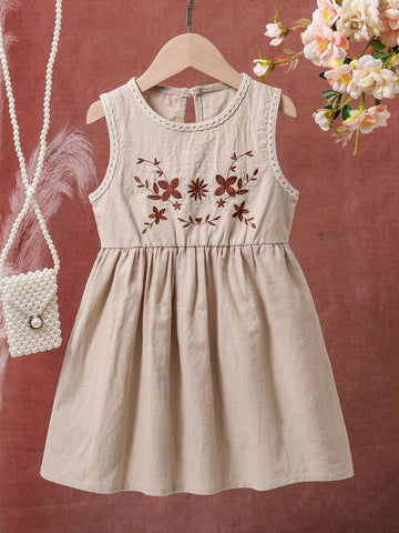 Young Girl Embroidered Collar And Sleeve Cuffs Decorated Lace Edge A-Line Dress For Vocation, Spring/Summer