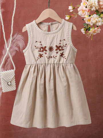 Young Girl Embroidered Collar And Sleeve Cuffs Decorated Lace Edge A-Line Dress For Vocation, Spring/Summer