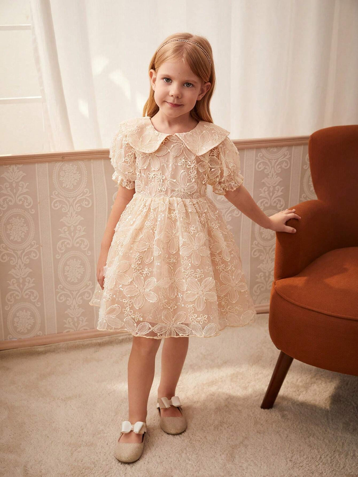Young Girl Embroidered Mesh Puff Sleeve Summer Dress