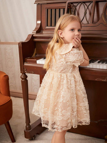 Young Girl Embroidered Mesh Puff Sleeve Summer Dress