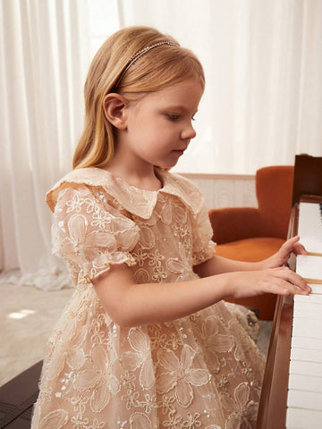 Young Girl Embroidered Mesh Puff Sleeve Summer Dress