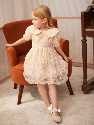 Young Girl Embroidered Mesh Puff Sleeve Summer Dress