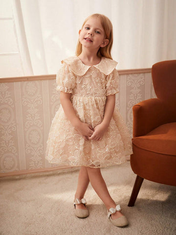 Young Girl Embroidered Mesh Puff Sleeve Summer Dress