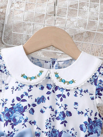 Young Girl Embroidered Piter Pan Collar Sweet Bowknot Romantic Holiday Dress