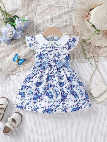 Young Girl Embroidered Piter Pan Collar Sweet Bowknot Romantic Holiday Dress