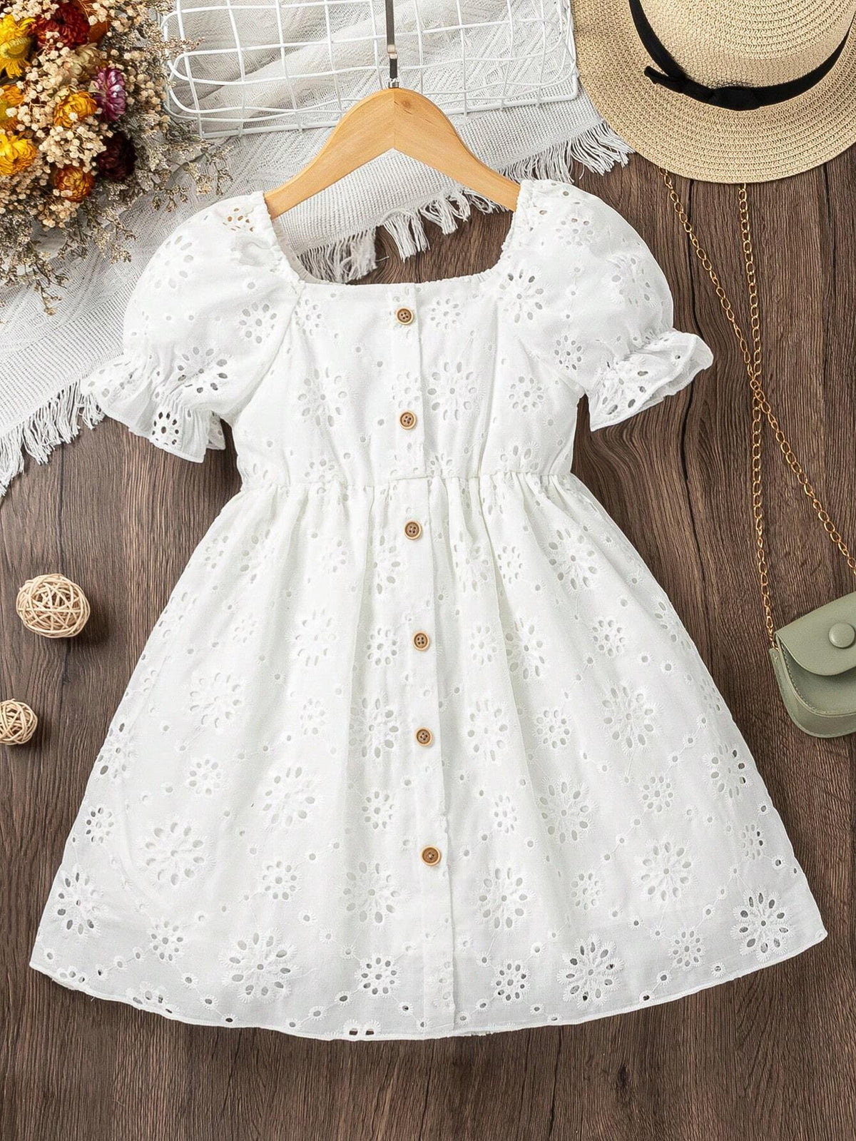 Young Girl Eyelet Embroidery Puff Sleeve Dress