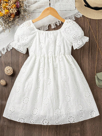 Young Girl Eyelet Embroidery Puff Sleeve Dress