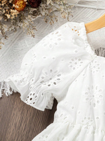 Young Girl Eyelet Embroidery Puff Sleeve Dress