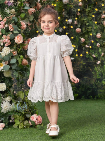 Young Girl Eyelet Embroidery Puff Sleeve Ruffle Hem Dress