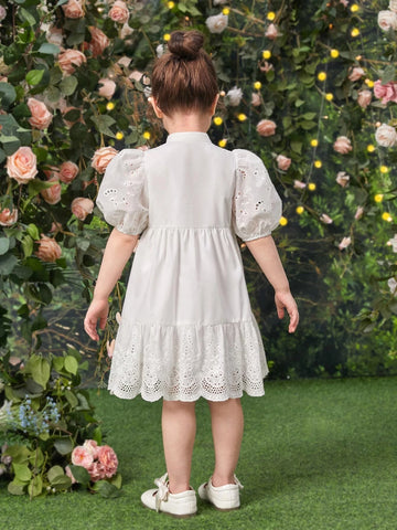 Young Girl Eyelet Embroidery Puff Sleeve Ruffle Hem Dress