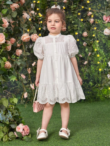 Young Girl Eyelet Embroidery Puff Sleeve Ruffle Hem Dress