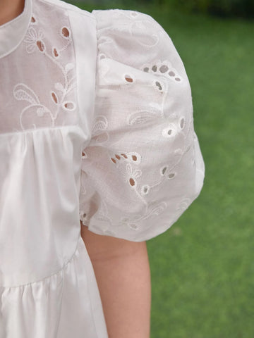 Young Girl Eyelet Embroidery Puff Sleeve Ruffle Hem Dress