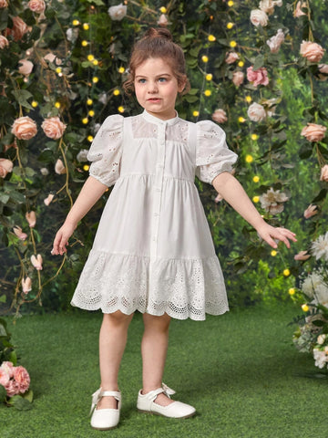 Young Girl Eyelet Embroidery Puff Sleeve Ruffle Hem Dress