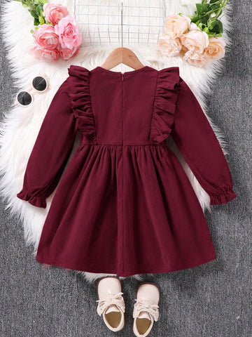 Young Girl Fall/Winter Clothes Young Girl Woven Solid Color Round Neck Ruffled Hem Casual Dress