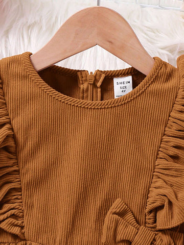 Young Girl Fall/Winter Clothes Young Girl Woven Solid Color Round Neck Ruffled Hem Casual Dress