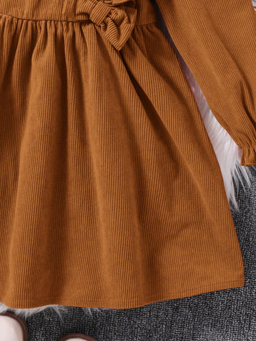 Young Girl Fall/Winter Clothes Young Girl Woven Solid Color Round Neck Ruffled Hem Casual Dress