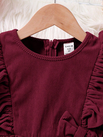 Young Girl Fall/Winter Clothes Young Girl Woven Solid Color Round Neck Ruffled Hem Casual Dress